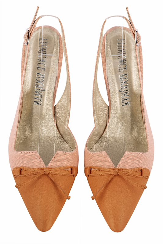 Marigold orange women's open back shoes, with a knot. Tapered toe. High slim heel. Top view - Florence KOOIJMAN